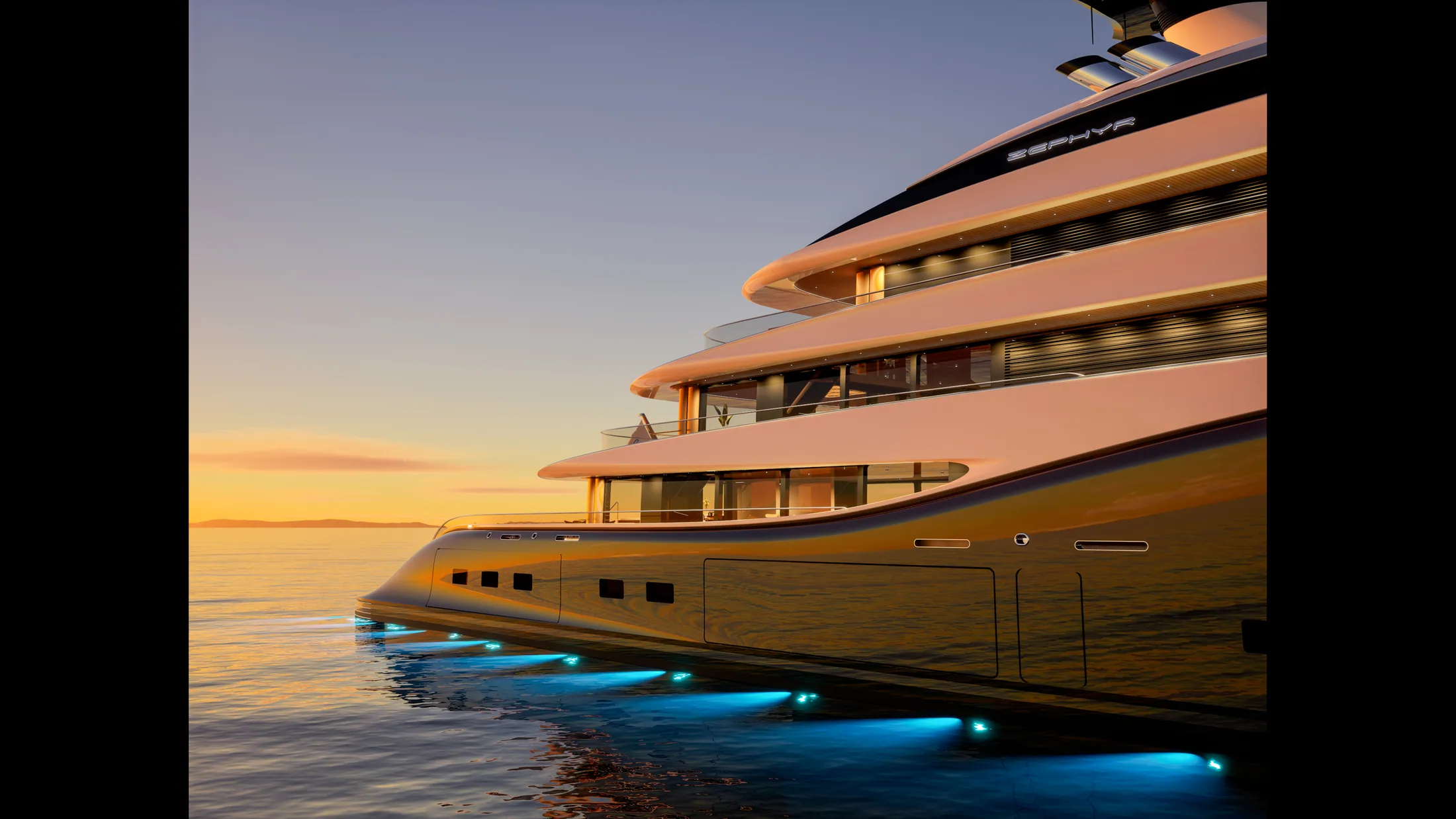 Superyacht design study by Dörries Yachts at sunset